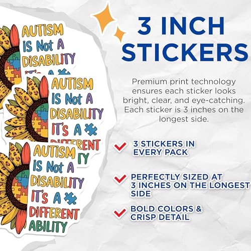 (3 Pack) Autism Awareness Decals - Sunflower Autism - Different Ability Laptop Decal - 3 Inches On Longest Side - Easy Peel & Apply - Made in USA - 3MCS0051