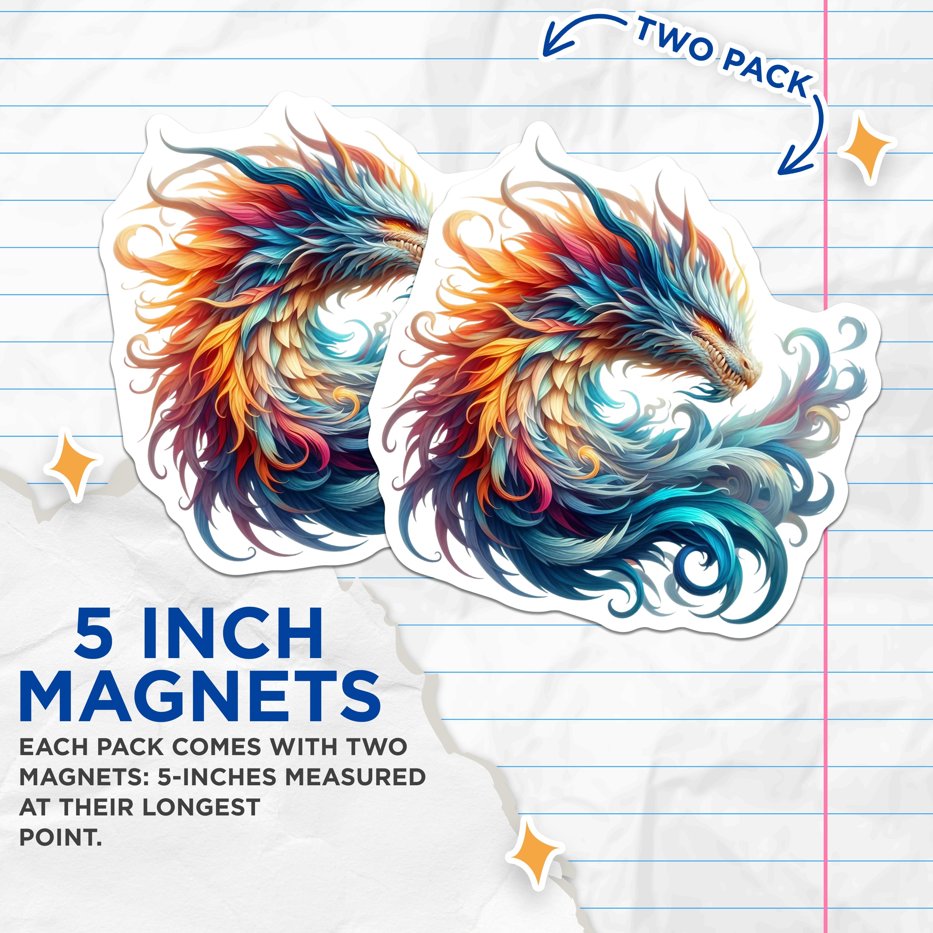 (2 Pack) Rainbow Dragon Magnets - Fantasy Creature Art - Vibrant Aesthetic Decor - 5 Inches On Longest Side - Thick Durable Magnet - Made in USA - MAG37800