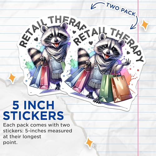 (2 Pack) Retail Therapy Stickers - Cute Raccoon Stickers for Planners - Funny Shopping Stickers for Journals - 5" On Longest Side - Sticks to Smooth Flat Surfaces - Made in USA - BMCS4538