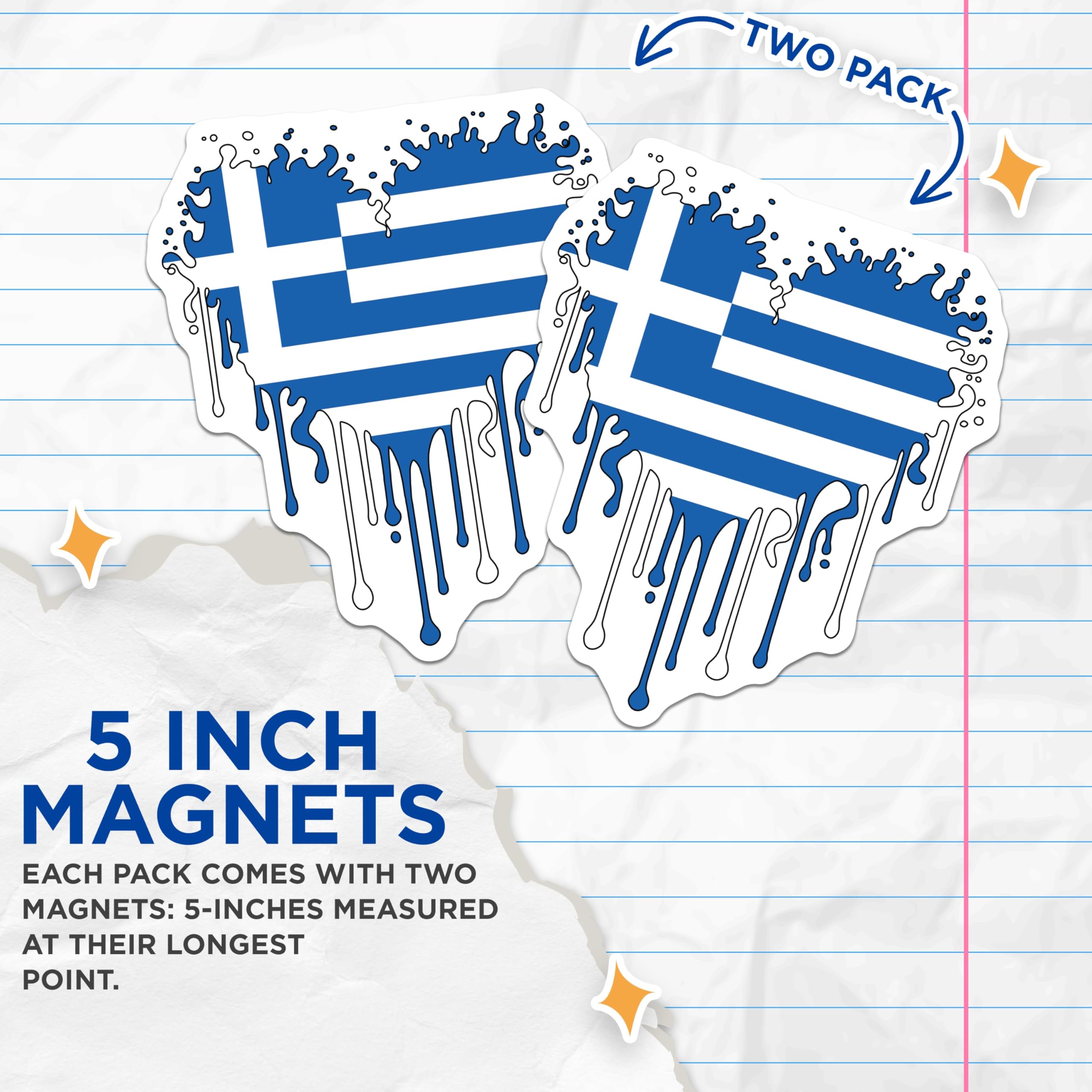 (2 Pack) Greece Flag Magnets - Dripping Greek Pride - Hellenic Republic Decor - 5" On Longest Side - Premium Magnet - for Cars, Refrigerators, Toolboxes, Lockers - Made in USA - MAG17801