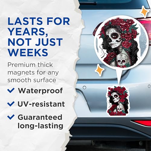 (2 Pack) Gothic Skull Magnets Magnets - Day of The Dead - Floral Skeleton Art - 5" On Longest Side - Made in USA - Sticks to Refrigerators & Metal Surfaces - MAG9203