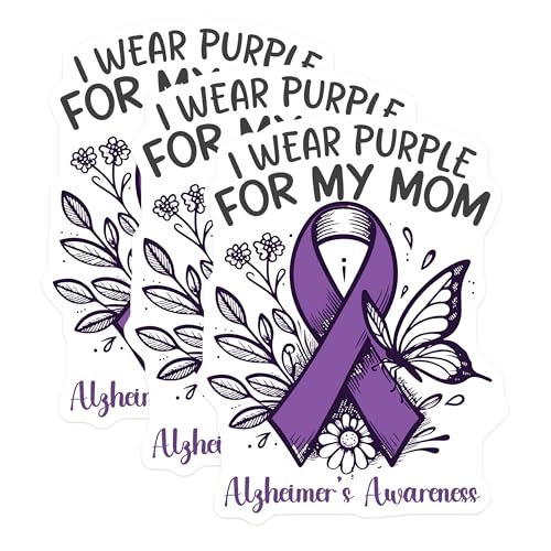 (3 Pack) Alzheimer's Decals - Purple Awareness Ribbon - Mom Support Decal - 3 Inches On Longest Side - Easy Peel & Apply - Made in USA - 3MCS4730