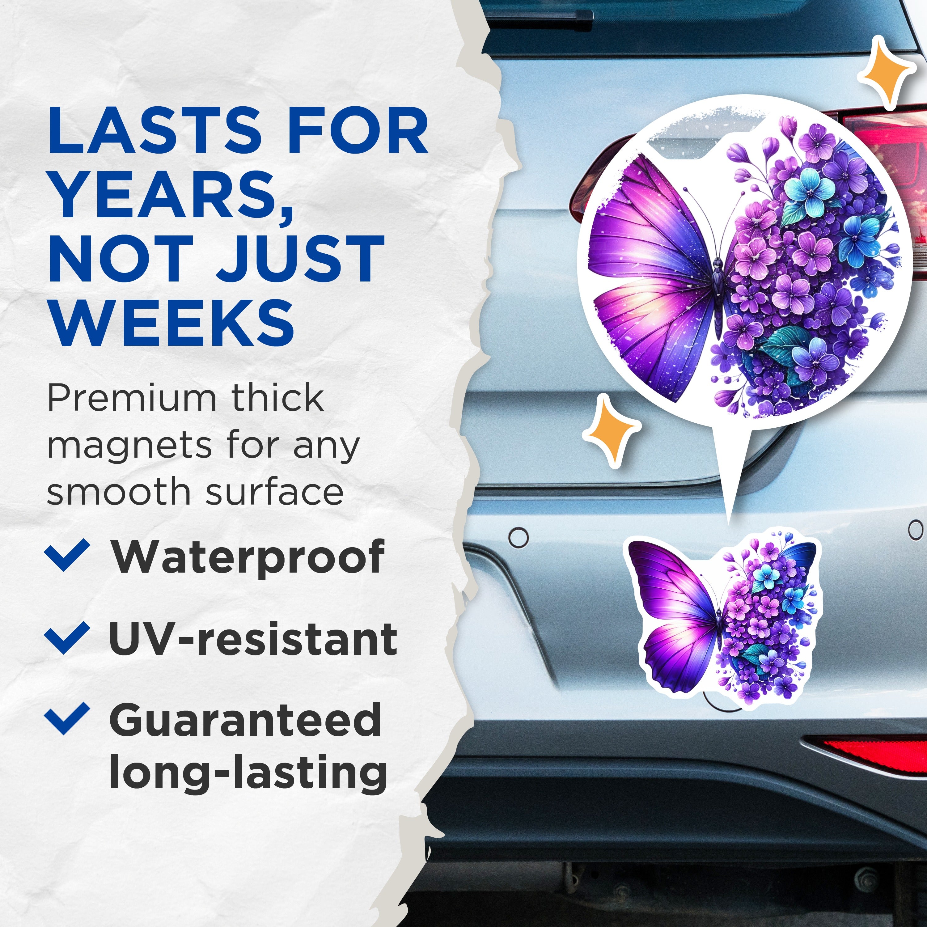(2 Pack) Butterfly Flower Magnets - Purple Blue Floral Decor - Nature Art Kitchen Fridge - Refrigerator Locker Decal - 5 Inches On Longest Side - Thick Durable Magnet - Made in USA - MAG39135