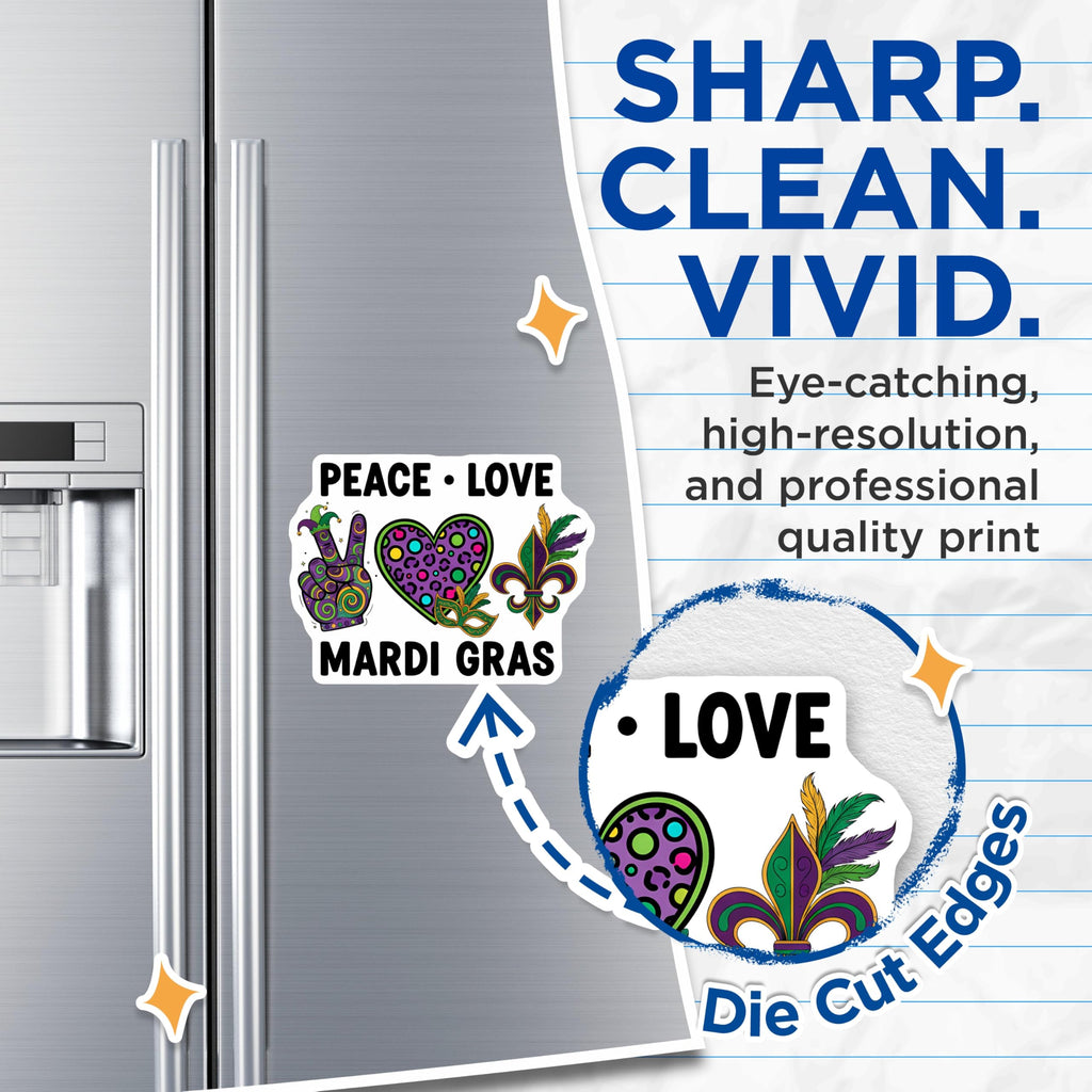 (2 Pack) Mardi Gras Magnets - Peace Love - Celebration Magnets - 5" On Longest Side - Premium Magnet - for Cars, Refrigerators, Toolboxes, Lockers - Made in USA - MAG14755