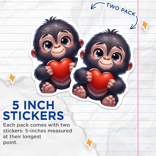(2 Pack) Cute Baby Gorilla Stickers - Animal Lover Decals - Kawaii Gorilla with Heart Stickers - 5" On Longest Side - Sticks to Smooth Flat Surfaces - Made in USA - BMCS3636