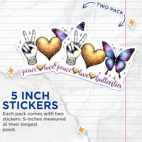 (2 Pack) Peace Love Butterflies Stickers - Heart Glitter Stickers - Butterfly Art Stickers - 5" On Longest Side - Sticks to Smooth Flat Surfaces - Made in USA - BMCS9727