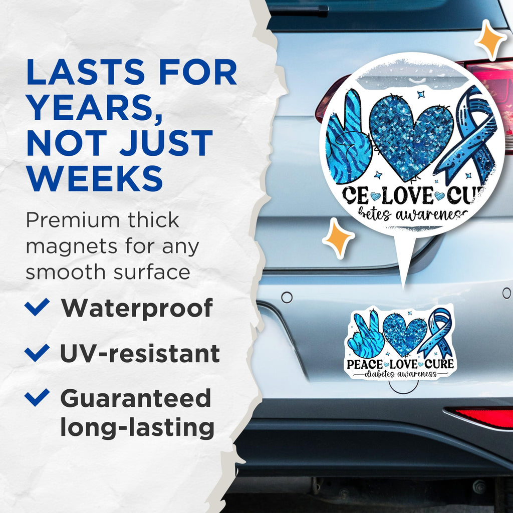 (2 Pack) Peace Love Cure Magnets - Diabetes Awareness Magnet - Blue Ribbon Magnet - 5" On Longest Side - for Cars, Fridges, Toolboxes - Made in USA - MAG3816