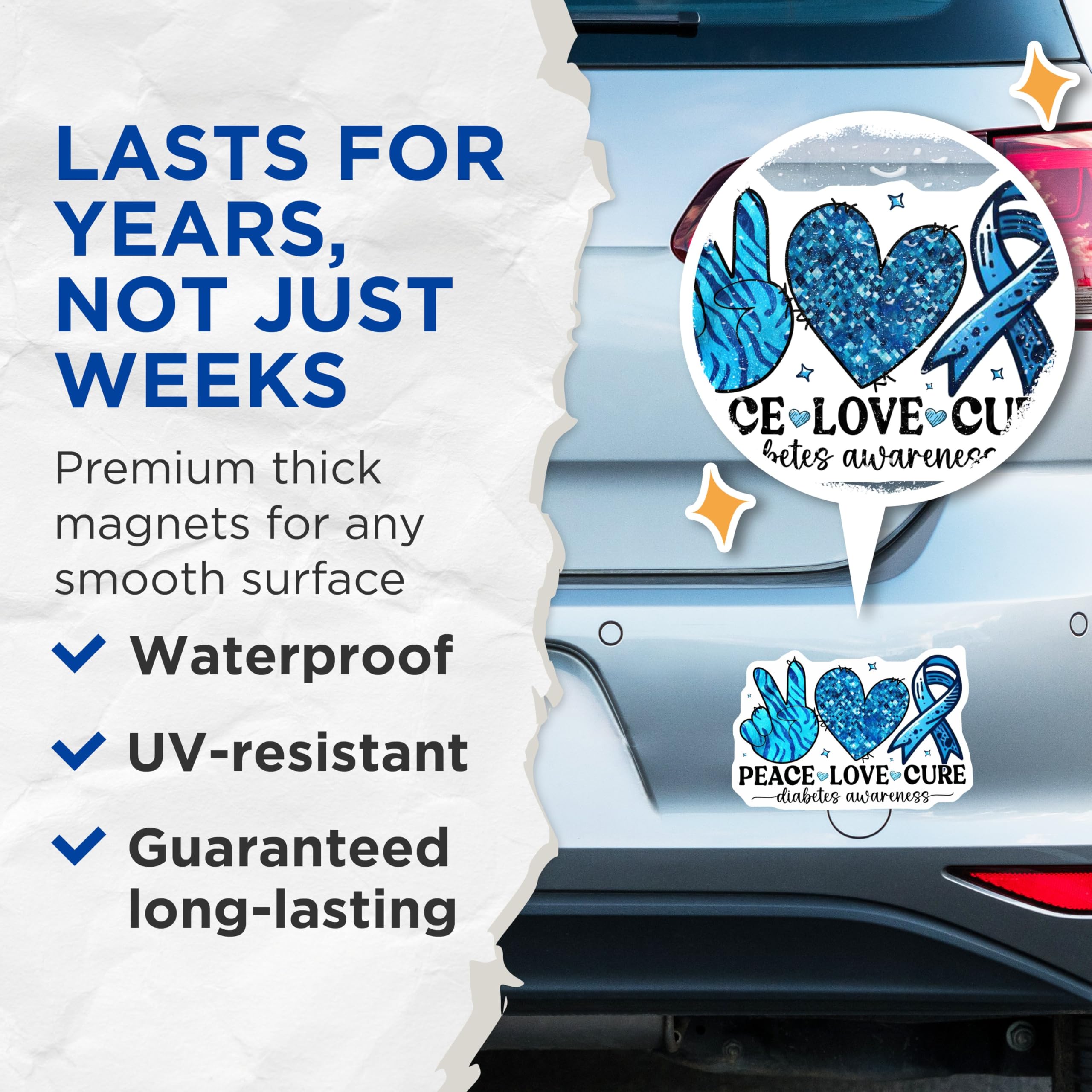 (2 Pack) Peace Love Cure Magnets - Diabetes Awareness Magnet - Blue Ribbon Magnet - 5" On Longest Side - for Cars, Fridges, Toolboxes - Made in USA - MAG3816