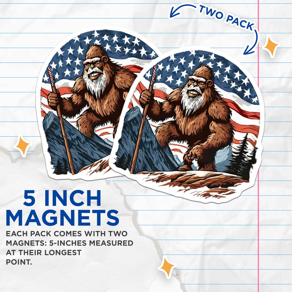 (2 Pack) Bigfoot Magnets - American Flag Sasquatch - Mountain Legend Cryptid Display - 5 Inches On Longest Side - Thick Durable Magnet - Made in USA - MAG21012
