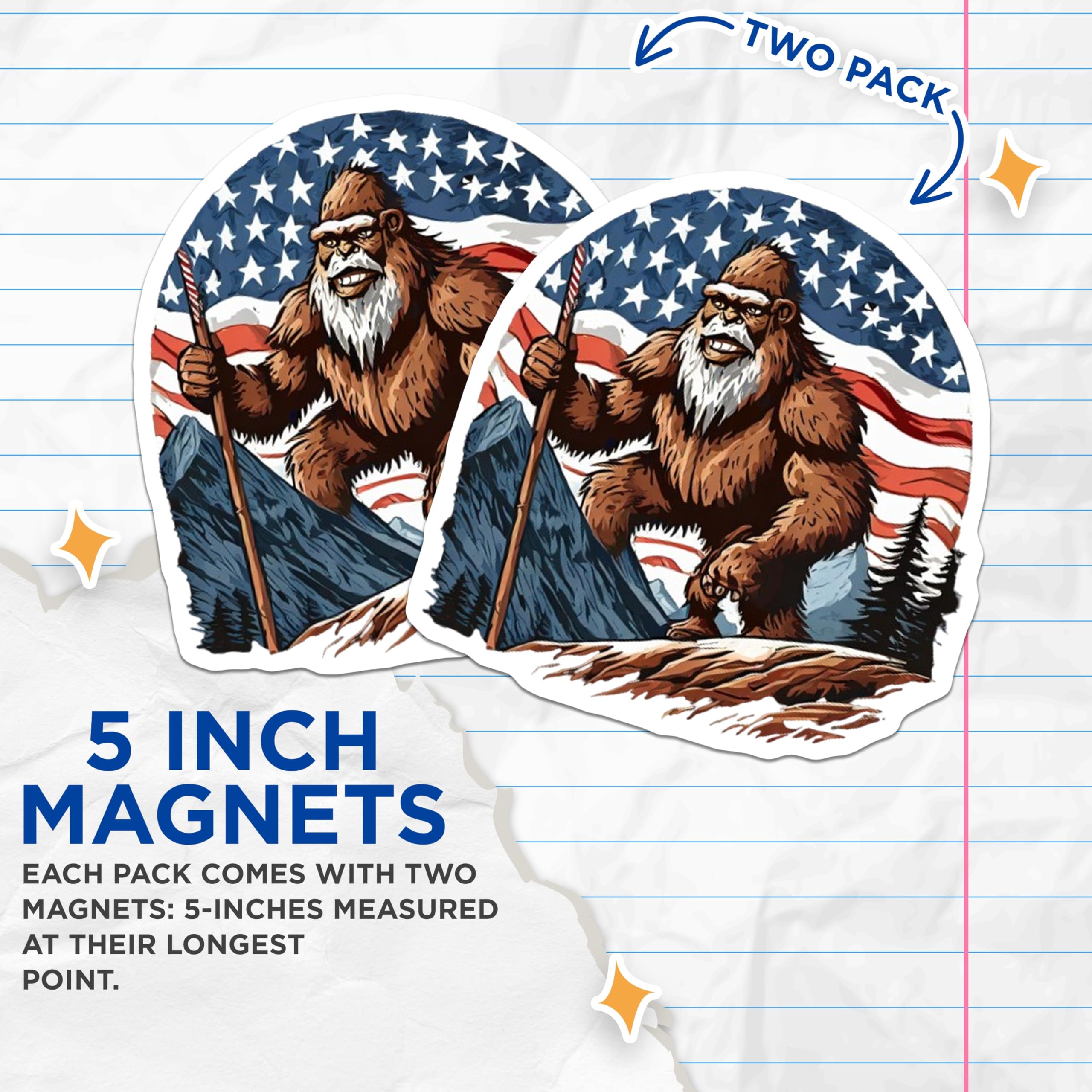 (2 Pack) Bigfoot Magnets - American Flag Sasquatch - Mountain Legend Cryptid Display - 5 Inches On Longest Side - Thick Durable Magnet - Made in USA - MAG21012