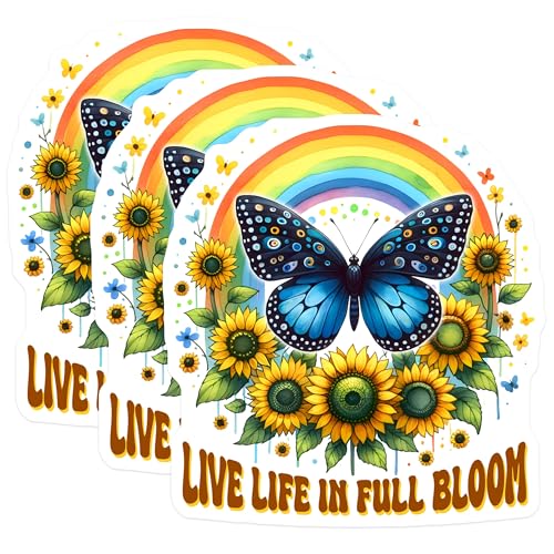 (3 Pack) Butterfly Rainbow Decals - Sunflower Art Sticker - Live Life Bloom Stickers - 3 Inches On Longest Side - Easy Peel & Apply - Made in USA - 3MCS8508