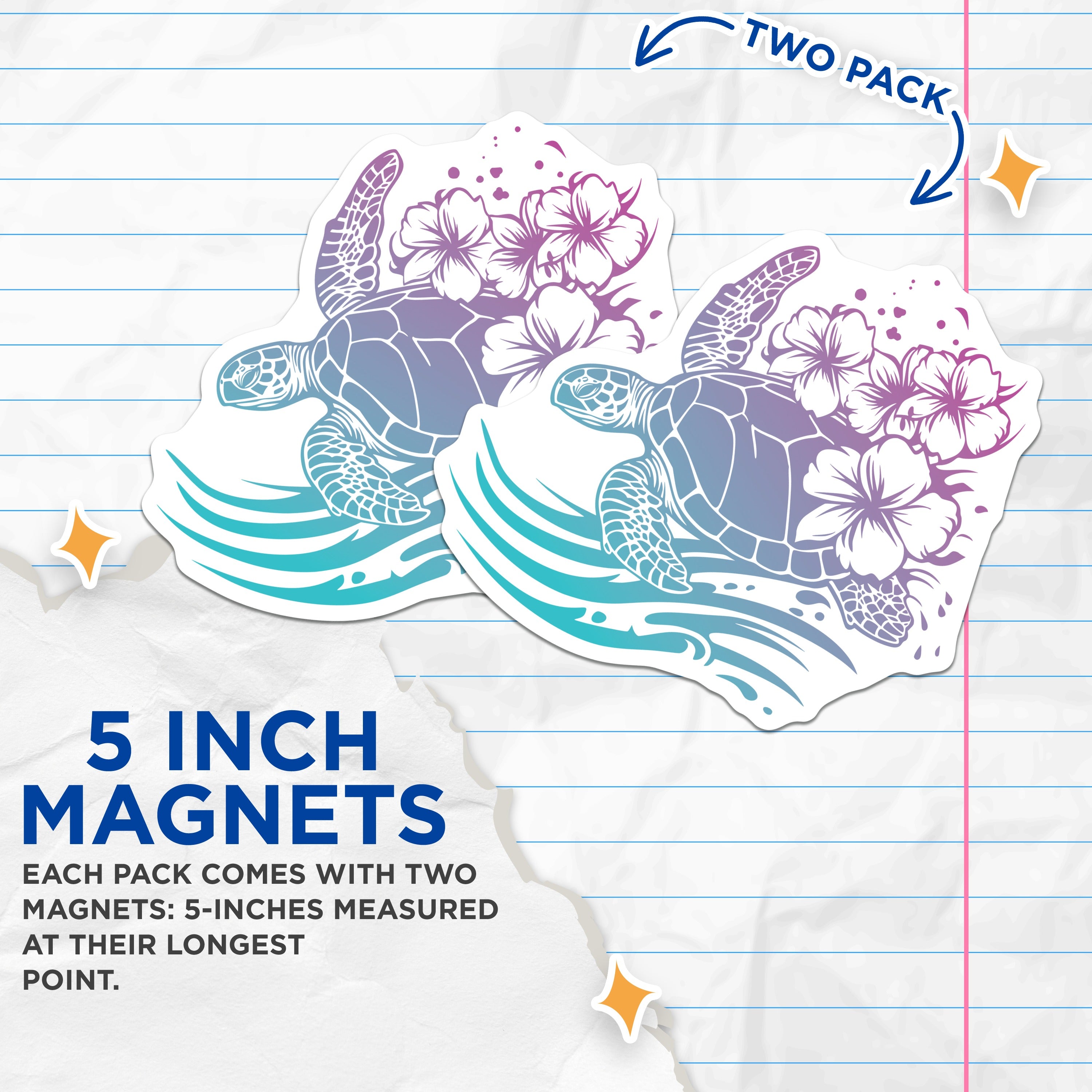 (2 Pack) Sea Turtle Magnets - Tropical Hibiscus Decor - Ocean Lover Fridge Locker Beach Decor - 5 Inches On Longest Side - Thick Durable Magnet - Made in USA - MAG38965