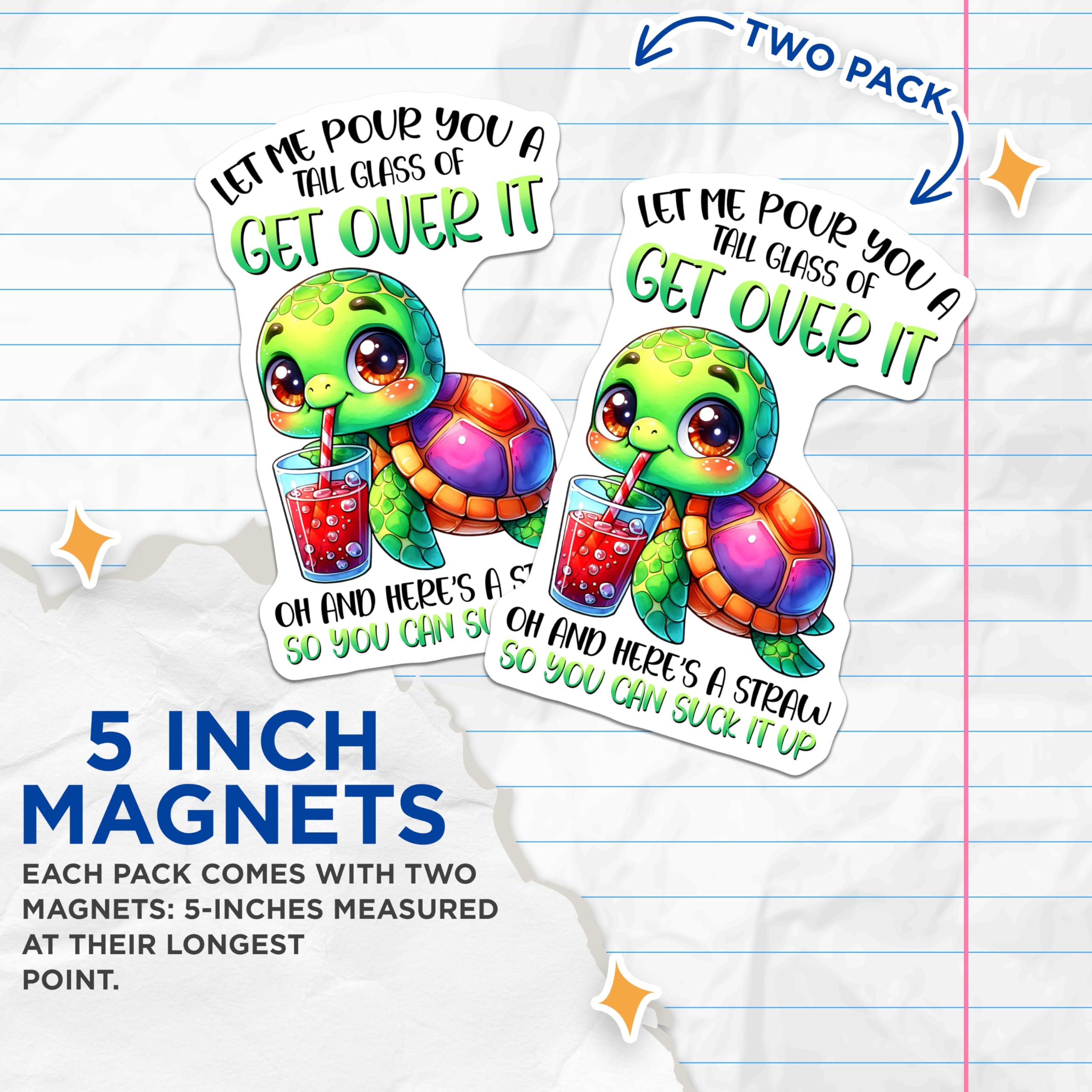 (2 Pack) Funny Turtle Magnets - Get Over It Saying - Quirky Fridge Magnets - 5" On Longest Side - Premium Magnet - for Cars, Refrigerators, Toolboxes, Lockers - Made in USA - MAG16504