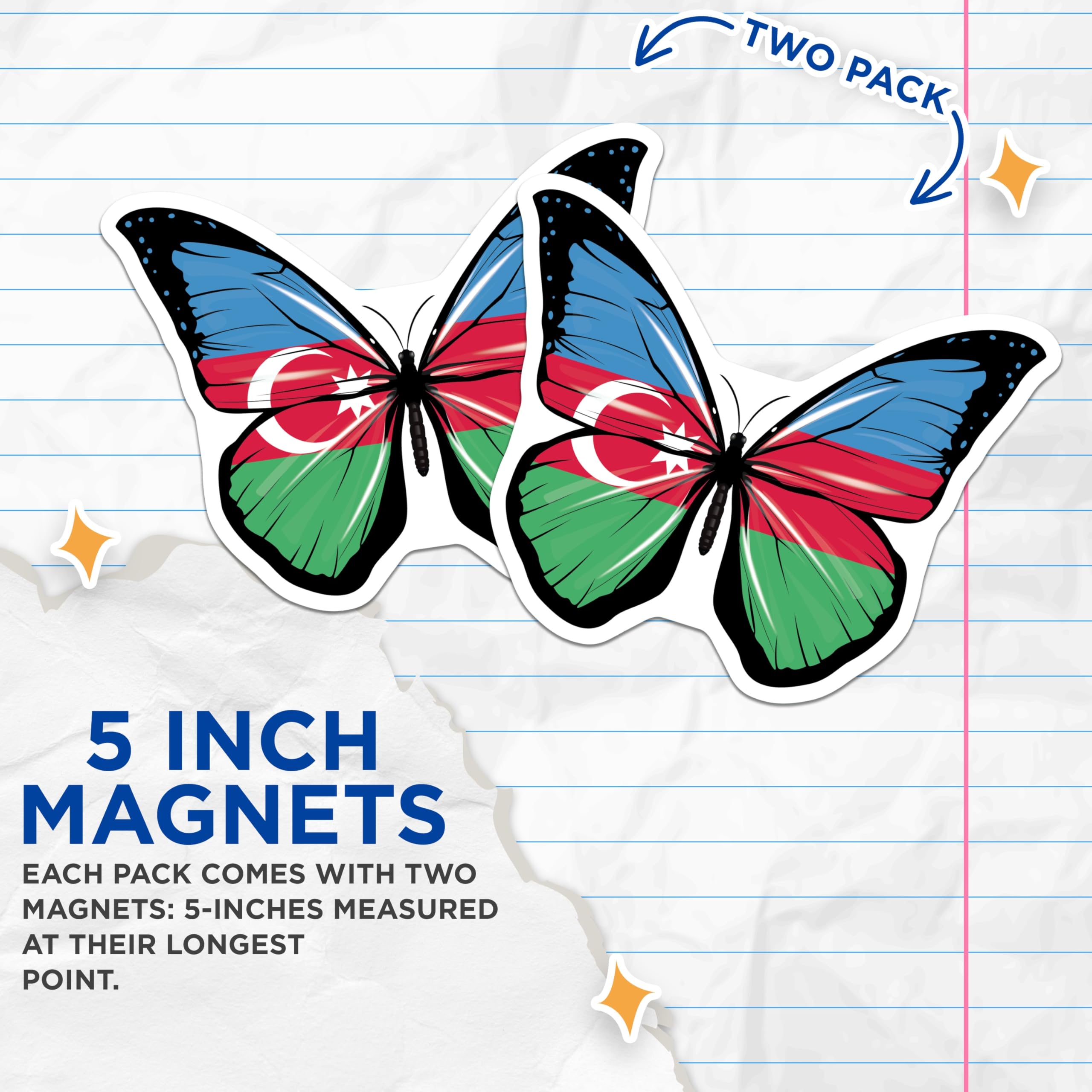 (2 Pack) Azerbaijan Flag Butterfly Magnets - National Pride - Country Symbol Decor - 5" On Longest Side - Premium Magnet - for Cars, Refrigerators, Toolboxes, Lockers - Made in USA - MAG18567