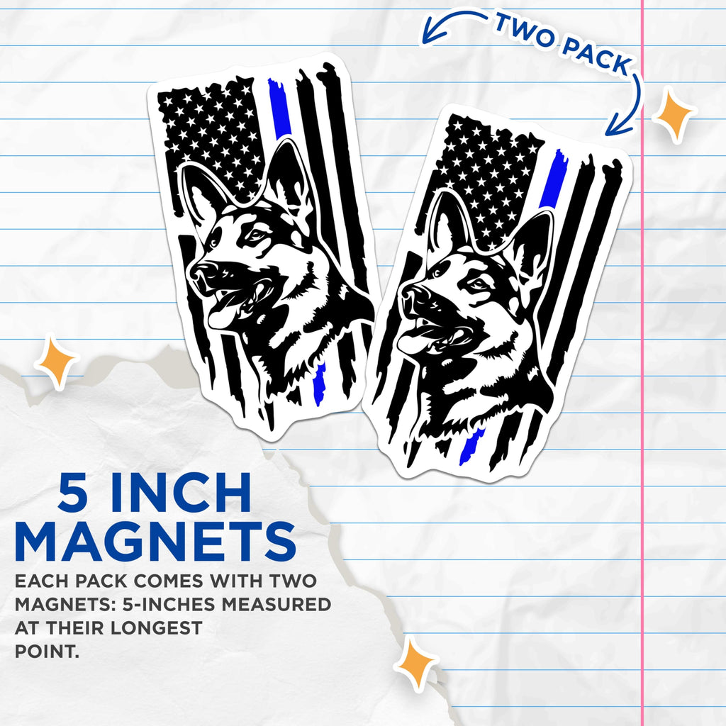 (2 Pack) German Shepherd Thin Blue Line Magnets - American Flag K9 Police Dog - Law Enforcement Patriot Dog Owner - 5 Inches On Longest Side - Thick Durable Magnet - Made in USA - MAG20826