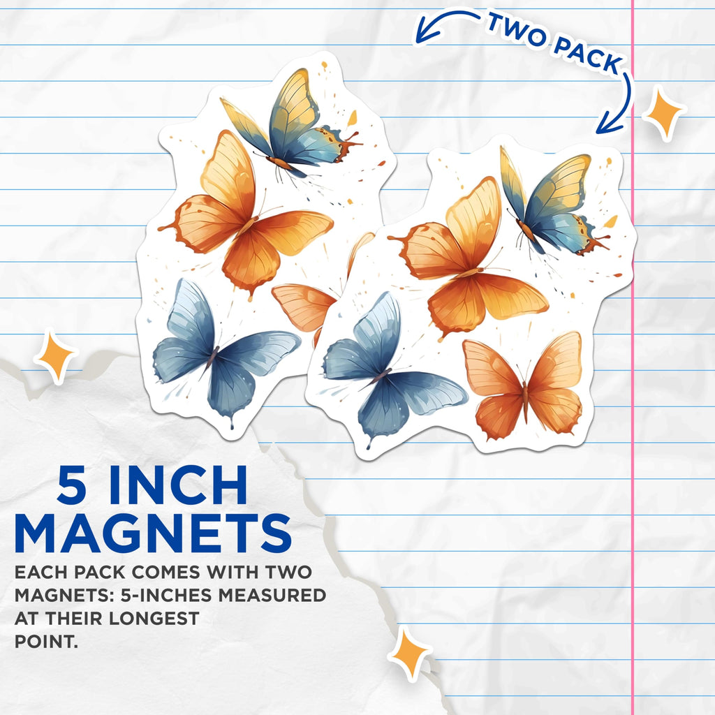 (2 Pack) Butterfly Magnets - Blue and Orange Insects - Floral Fridge Decor - 5" On Longest Side - Premium Magnet - for Cars, Refrigerators, Toolboxes, Lockers - Made in USA - MAG14116