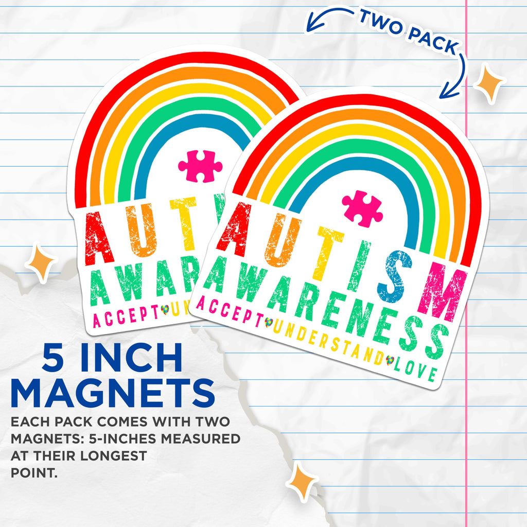 (2 Pack) Autism Awareness Magnets - Accept Understand Love - Rainbow Puzzle Piece Design - 5" On Longest Side - for Cars, Fridges, Toolboxes - Made in USA - MAG3815