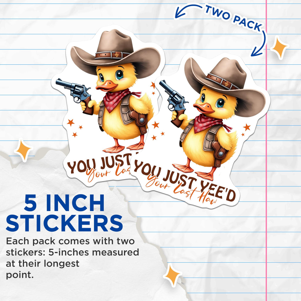 (2 Pack) Cute Duck Stickers - Cowboy Duck Decals - Funny Duck Meme Stickers - 5" On Longest Side - Sticks to Smooth Flat Surfaces - Made in USA - BMCS4244