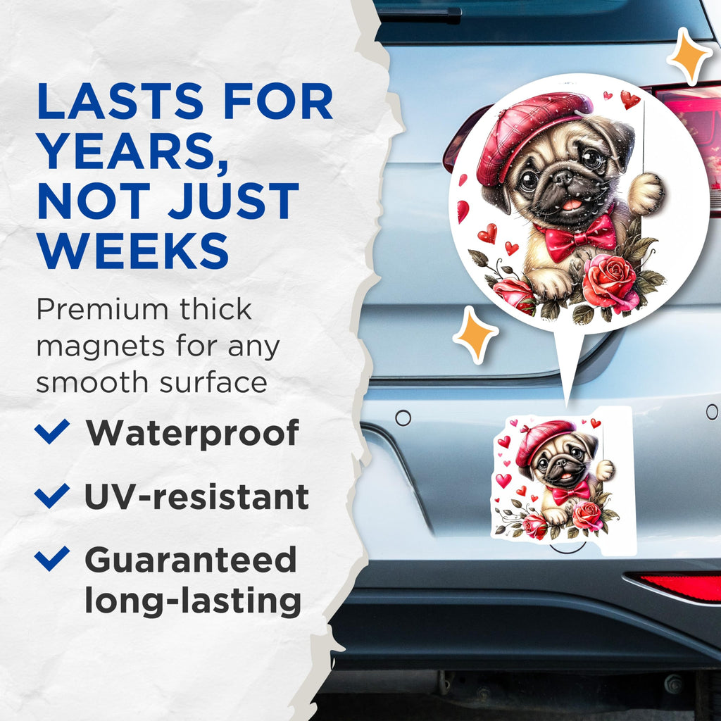 (2 Pack) Pug Dog Magnets - Valentines Decor - Puppy with Bowtie and Roses - 5" On Longest Side - Premium Magnet - for Cars, Refrigerators, Toolboxes, Lockers - Made in USA - MAG15312