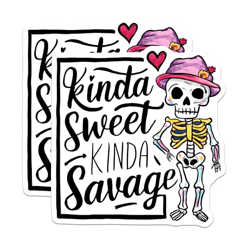 (2 Pack) Kinda Sweet Kinda Savage Stickers - Funny Skeleton Stickers - Halloween Decor Sticker Pack - 5" On Longest Side - Sticks to Smooth Flat Surfaces - Made in USA - BMCS4405