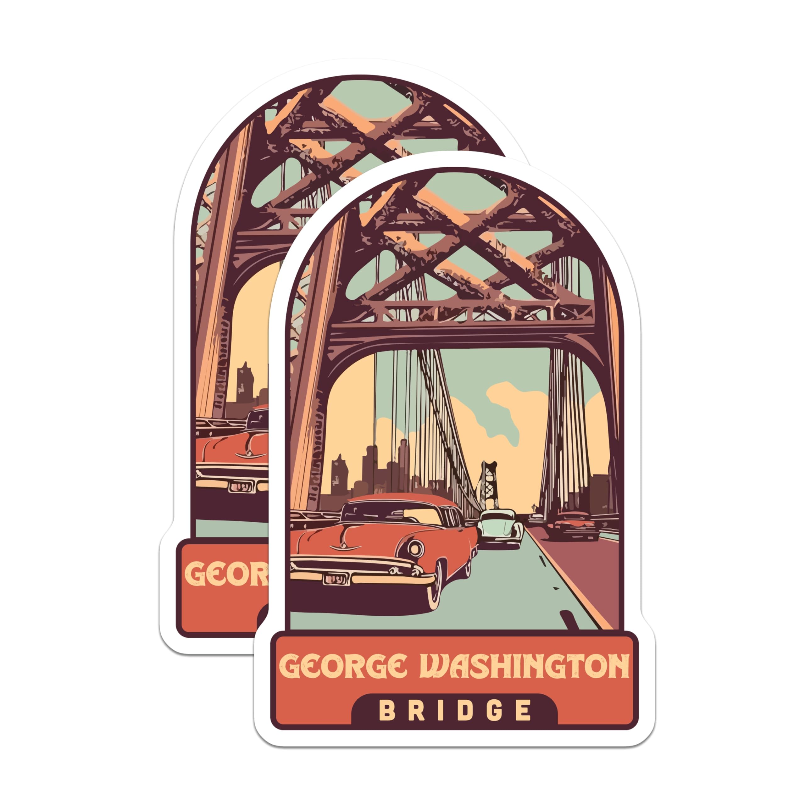 (2 Pack) George Washington Bridge Magnets - Vintage Car Illustration - NYC Landmark Art - 5 Inches On Longest Side - Thick Durable Magnet - Made in USA - MAG20050