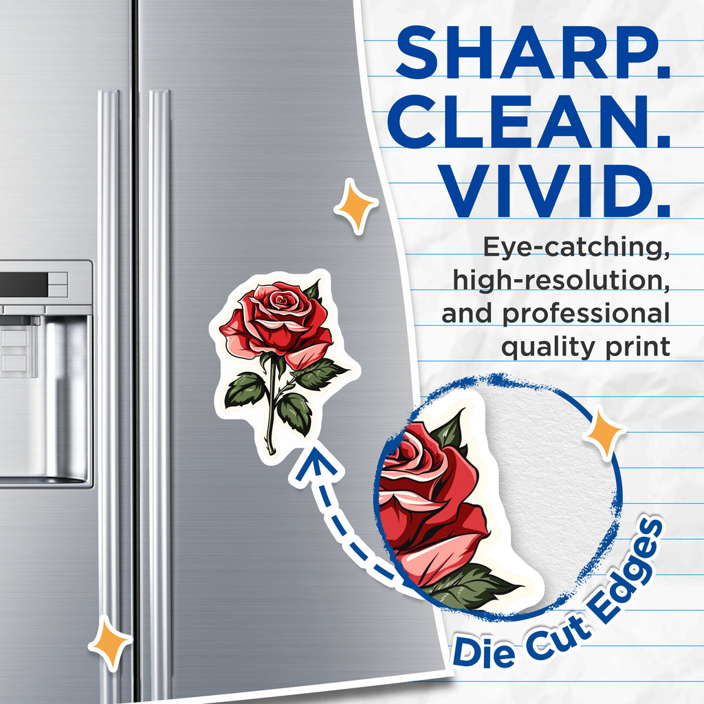 (2 Pack) Red Rose Flower Magnets - Traditional Tattoo Design - Romantic Botanical Decor - Aesthetic Refrigerator Art - 5 Inches On Longest Side - Thick Durable Magnet - Made in USA - MAG36481