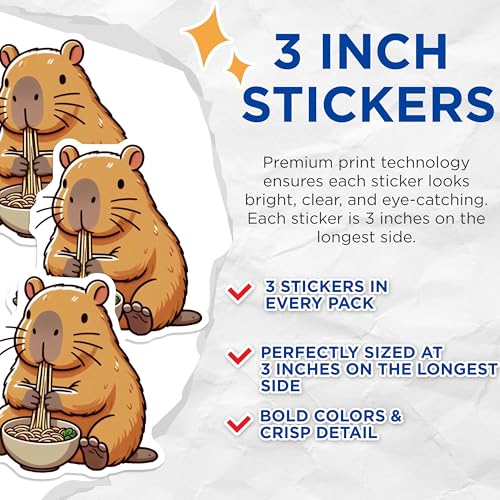 (3 Pack) Capybara Decals - Eating Ramen - Laptop Decal - Cute Rodent - 3 Inches On Longest Side - Easy Peel & Apply - Made in USA - 3MCS8687