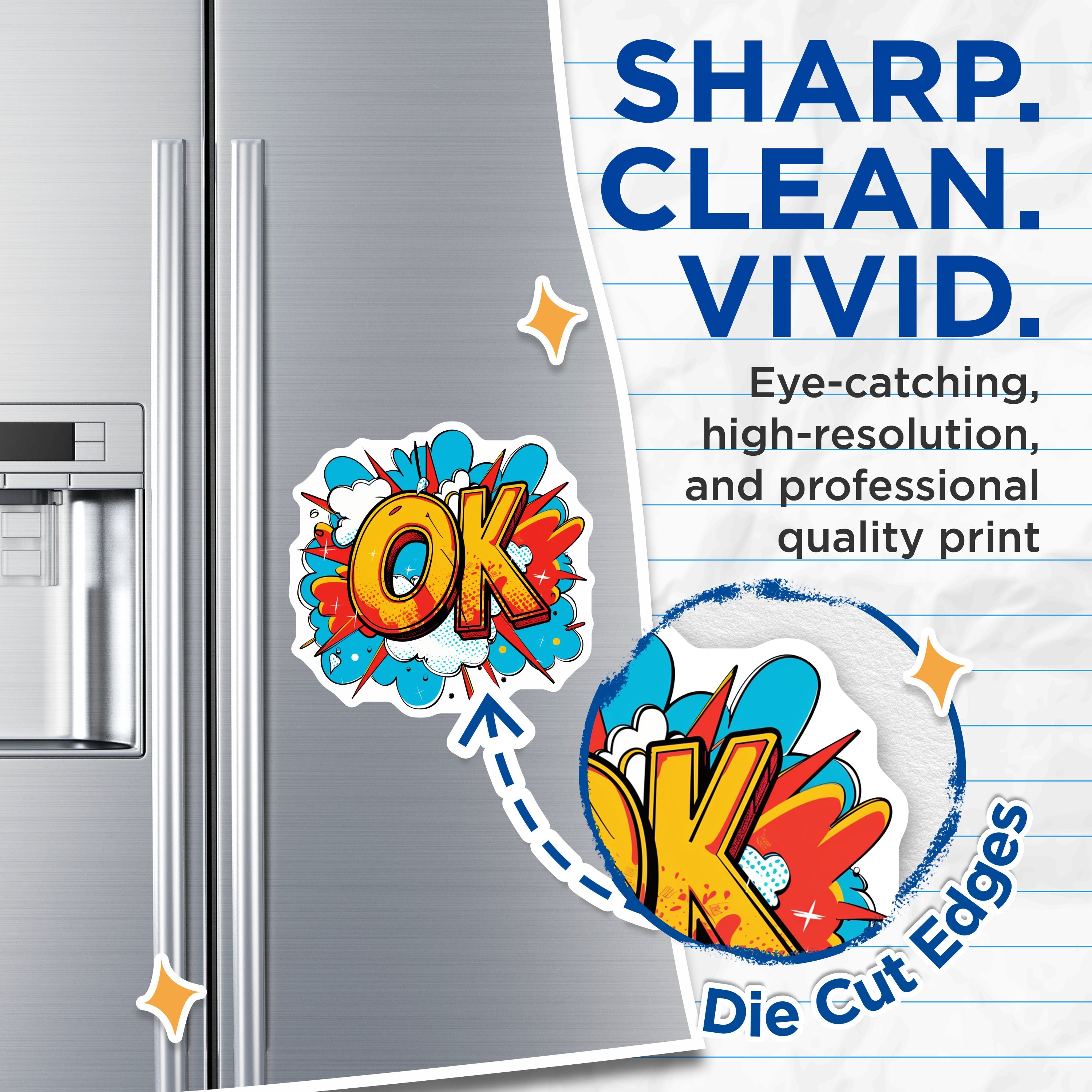 (2 Pack) Pop Art OK Magnets - Comic Book Style Expression - Retro Refrigerator Decor - Kitchen Locker Accent - 5 Inches On Longest Side - Thick Durable Magnet - Made in USA - MAG38029