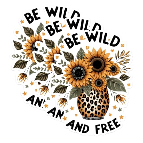 (3 Pack) Sunflower Bouquet Decals - Leopard Vase Decal - Be Wild and Free Decal - 3 Inches On Longest Side - Easy Peel & Apply - Made in USA - 3MCS1697