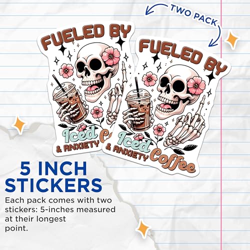 (2 Pack) Fueled by Iced Coffee and Anxiety Stickers - Skeleton Decal - Funny Coffee - 5" On Longest Side - Sticks to Smooth Flat Surfaces - Made in USA - BMCS7524