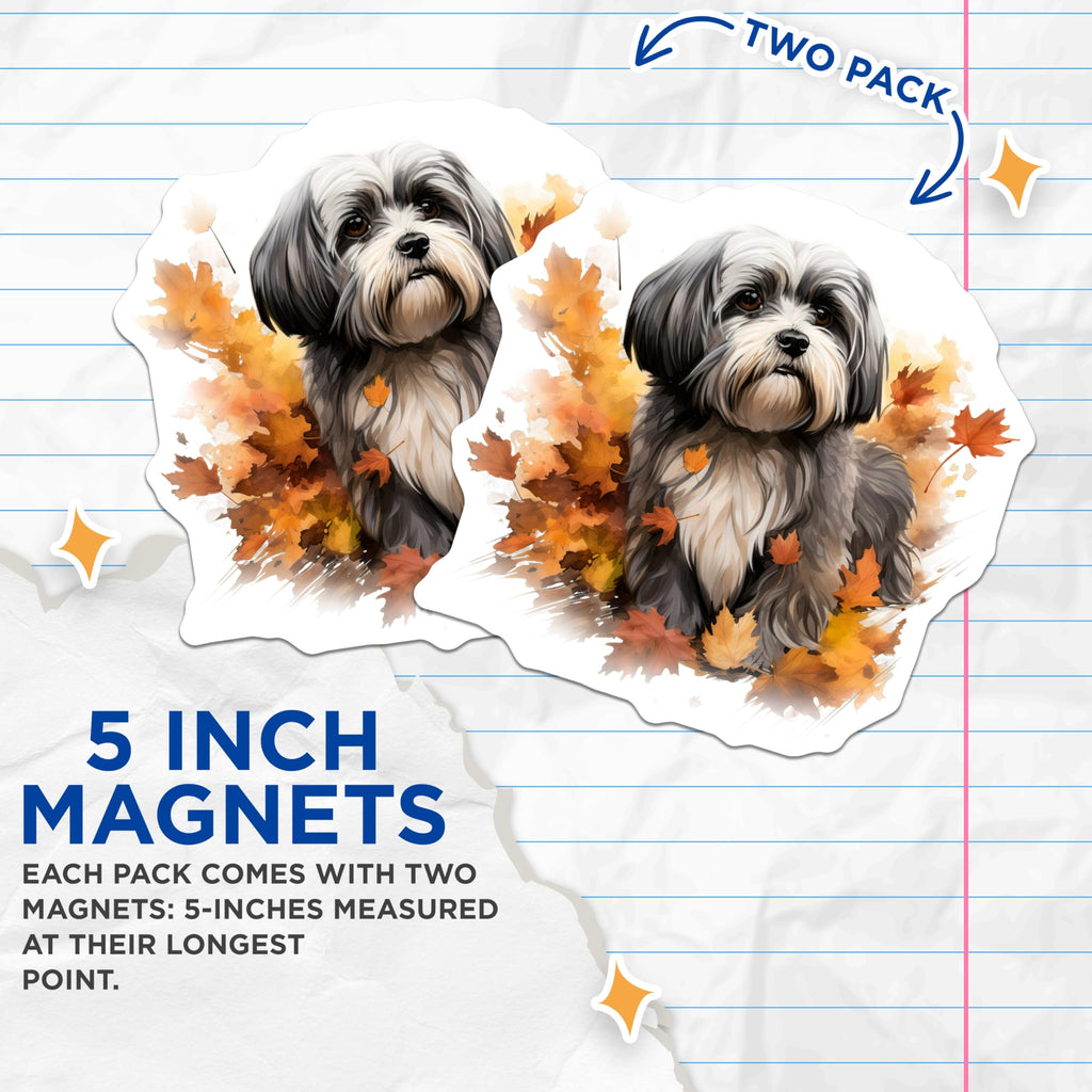(2 Pack) Shih Tzu Dog Magnets - Autumn Leaves Decor - Watercolor Pet Art - 5 Inches On Longest Side - Thick Durable Magnet - Made in USA - MAG23978