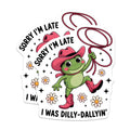 (2 Pack) Humorous Dilly Dallyin Frog Magnets - Cowboy Critter Sorry Im Late Decor - Whimsical Amphibian Western Art - 5 Inches On Longest Side - Thick Durable Magnet - Made in USA - MAG22802