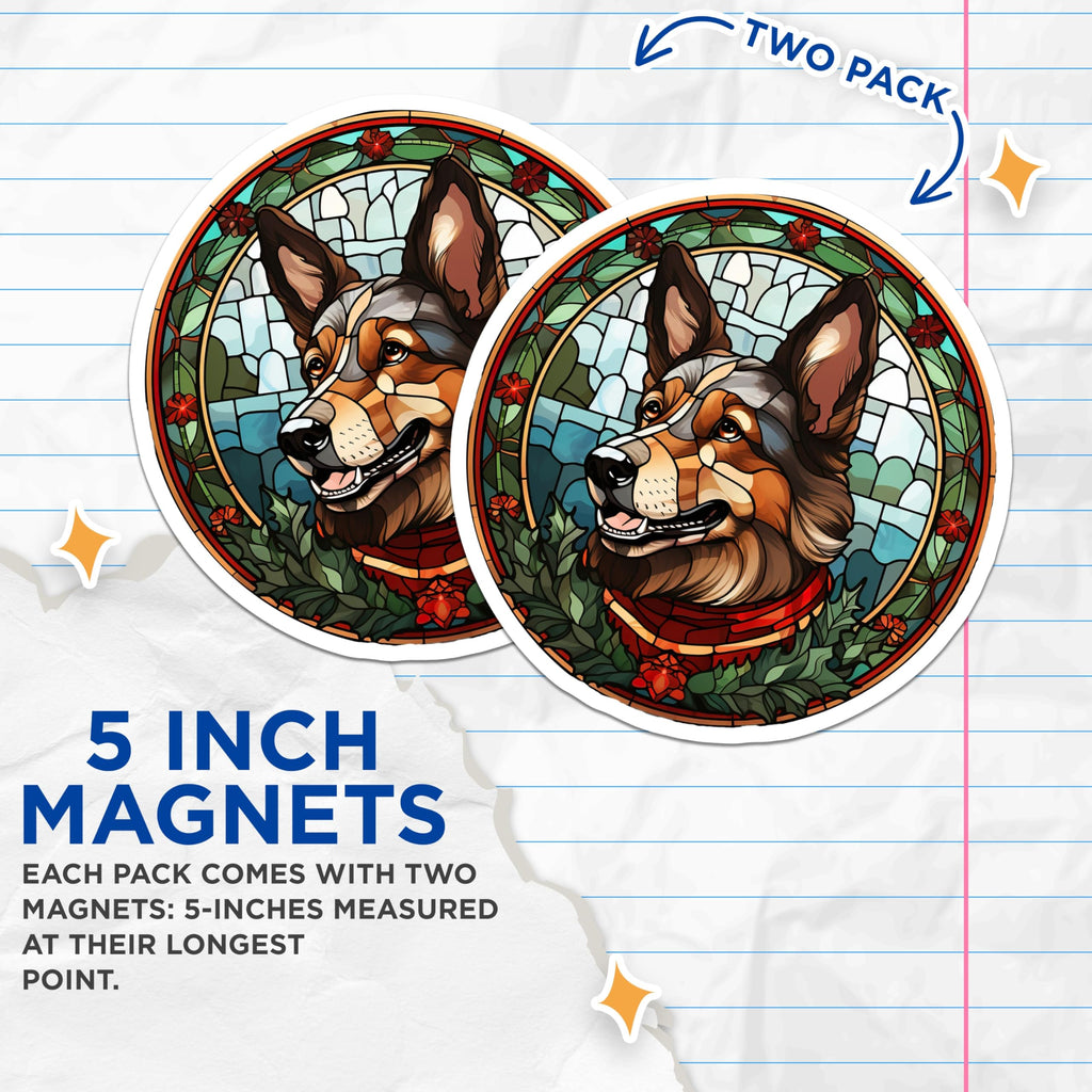 (2 Pack) German Shepherd Magnets - Stained Glass Dog Art - Christmas Fridge Decor for Dog Owners - 5 Inches On Longest Side - Thick Durable Magnet - Made in USA - MAG29224