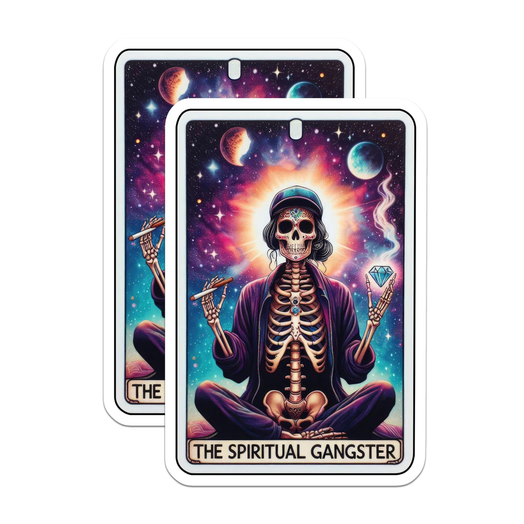 (2 Pack) Spiritual Gangster Stickers - Skeleton Meditation Stickers - Mystery Universe Stickers - 5" On Longest Side - Sticks to Smooth Flat Surfaces - Made in USA - BMCS5503