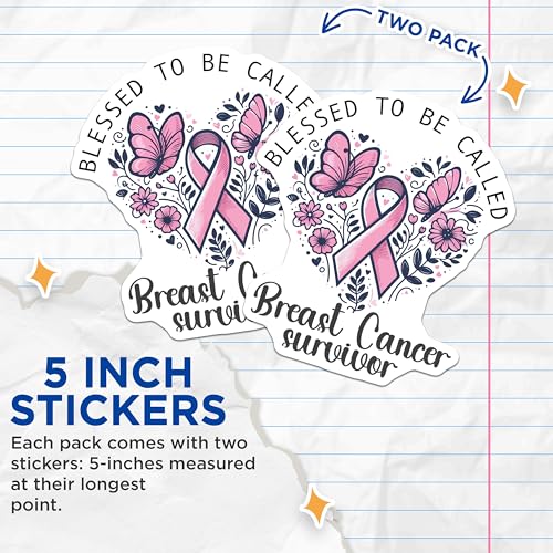 (2 Pack) Breast Cancer Survivor Stickers - Blessed to Be Called - Inspirational Pink Ribbon Decal - 5" On Longest Side - Sticks to Smooth Flat Surfaces - Made in USA - BMCS5991