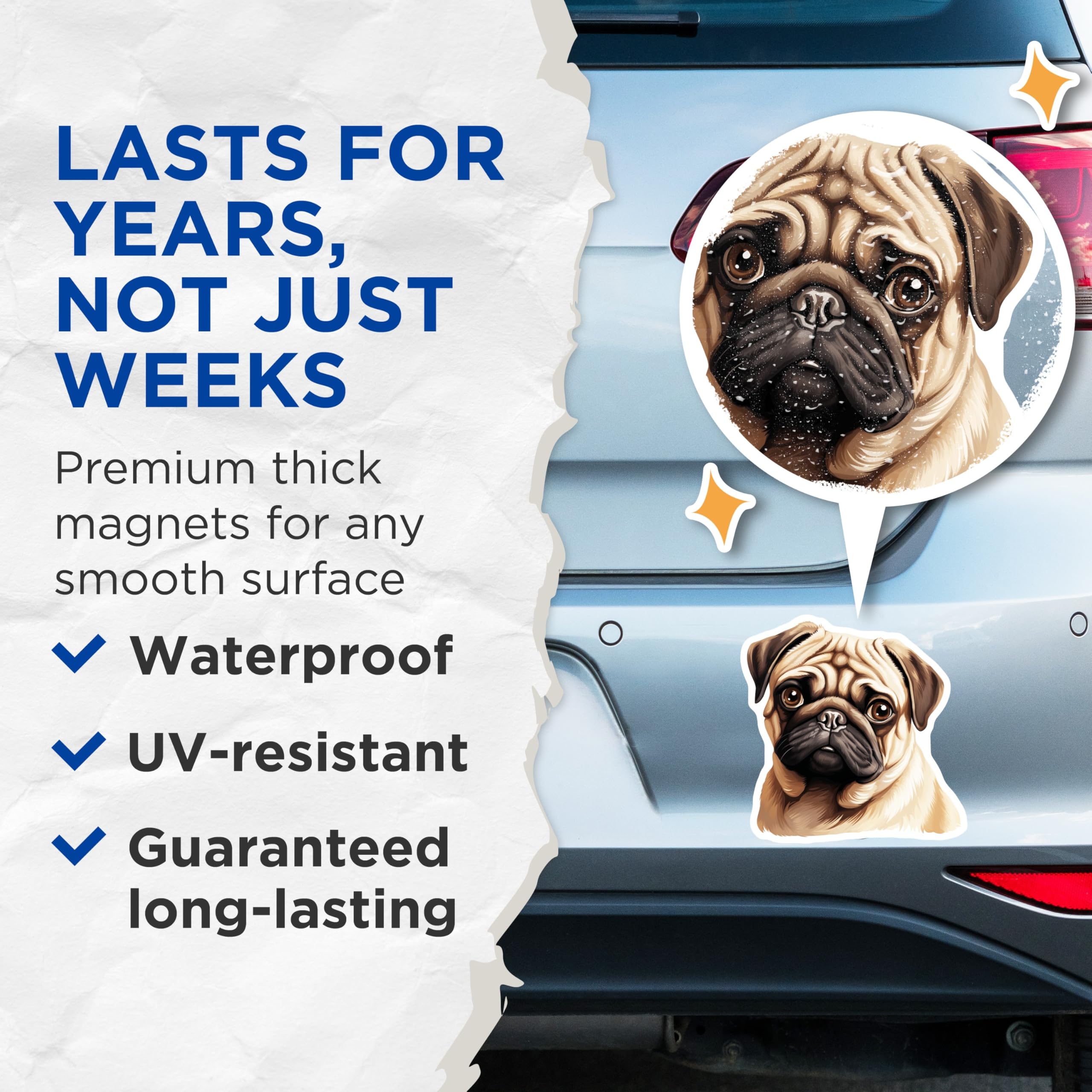 (2 Pack) Cute Pug Dog Magnets - Dog Owner Refrigerator Decor - Adorable Animal Art - 5 Inches On Longest Side - Thick Durable Magnet - Made in USA - MAG26605
