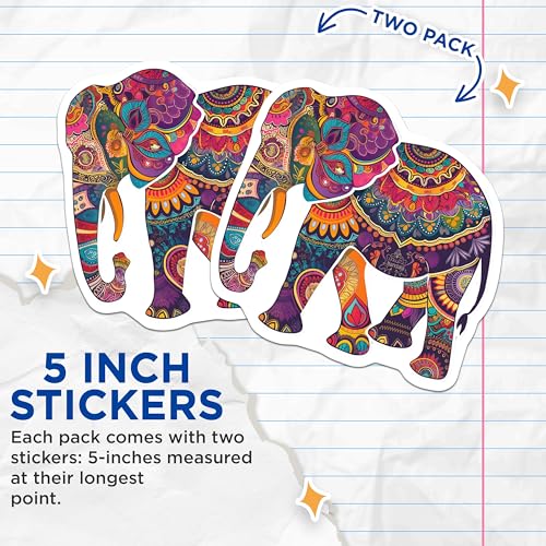 (2 Pack) Mandala Elephant Stickers - Colorful Animal Decals - Bohemian Inspired Art Stickers - 5" On Longest Side - Sticks to Smooth Flat Surfaces - Made in USA - BMCS4655