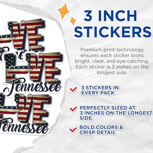 (3 Pack) Tennessee Decals - State Pride - Love Tennessee Sticker - 3 Inches On Longest Side - Easy Peel & Apply - Made in USA - 3MCS0333
