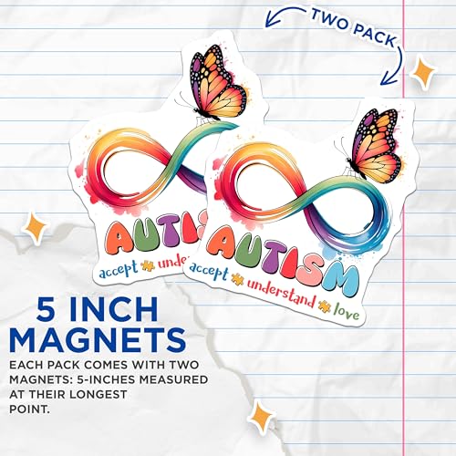 (2 Pack) Autism Awareness Magnets Magnets - Infinity Symbol - Butterfly Design - 5" On Longest Side - Made in USA - Sticks to Refrigerators & Metal Surfaces - MAG8427