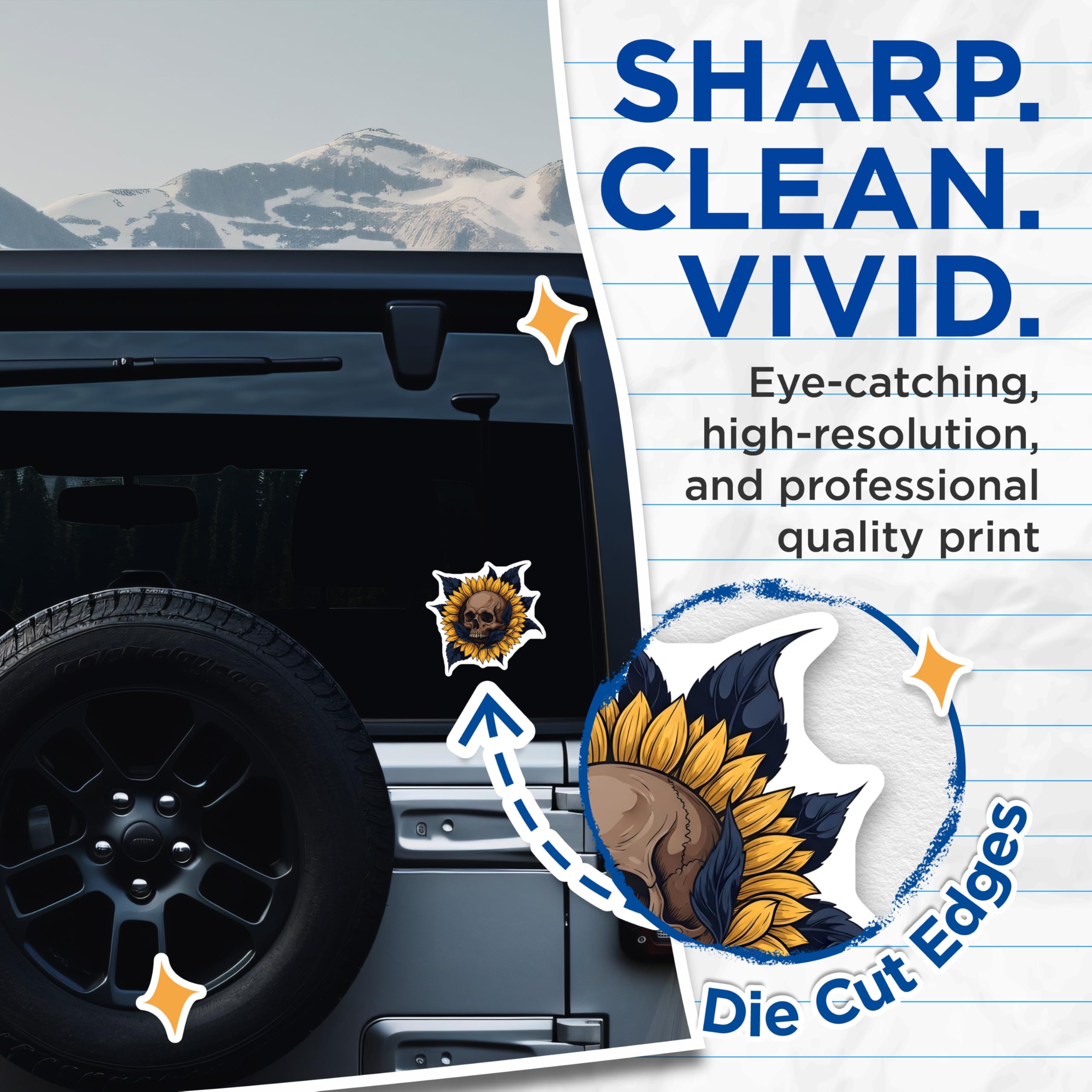 (2 Pack) Skull Sunflower Stickers - Gothic Decal - Floral Skull Sticker - 5" On Longest Side - Sticks to Smooth Flat Surfaces - Made in USA - BMCS18721
