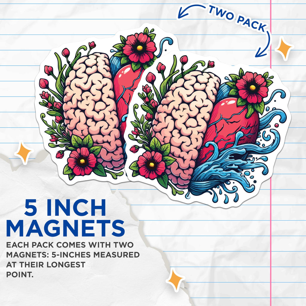 (2 Pack) Brain Heart Magnets - Mindful Emotion Art Decor - Intellectual Scientific Floral Design Display for Fridge Locker - 5 Inches On Longest Side - Thick Durable Magnet - Made in USA - MAG19569