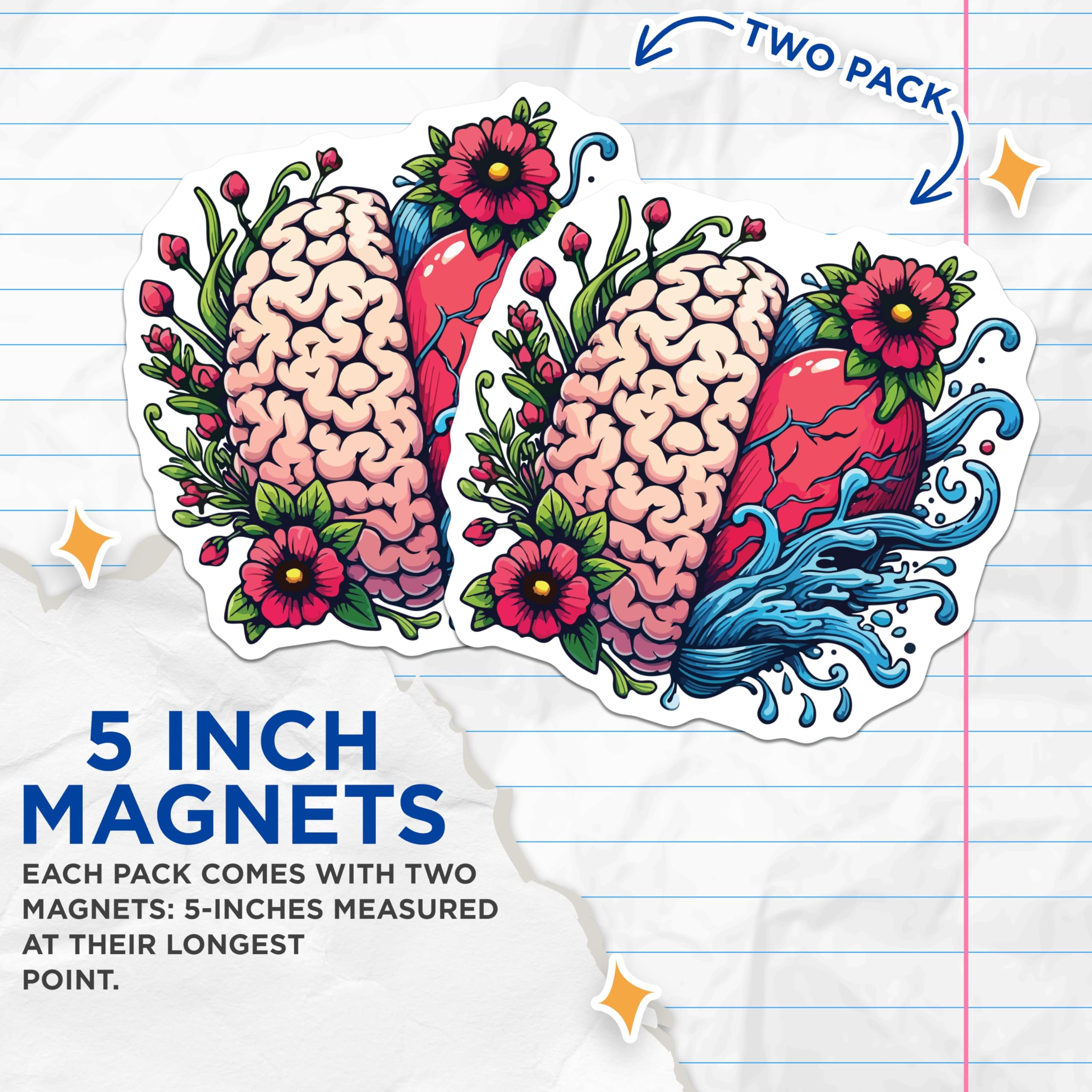 (2 Pack) Brain Heart Magnets - Mindful Emotion Art Decor - Intellectual Scientific Floral Design Display for Fridge Locker - 5 Inches On Longest Side - Thick Durable Magnet - Made in USA - MAG19569
