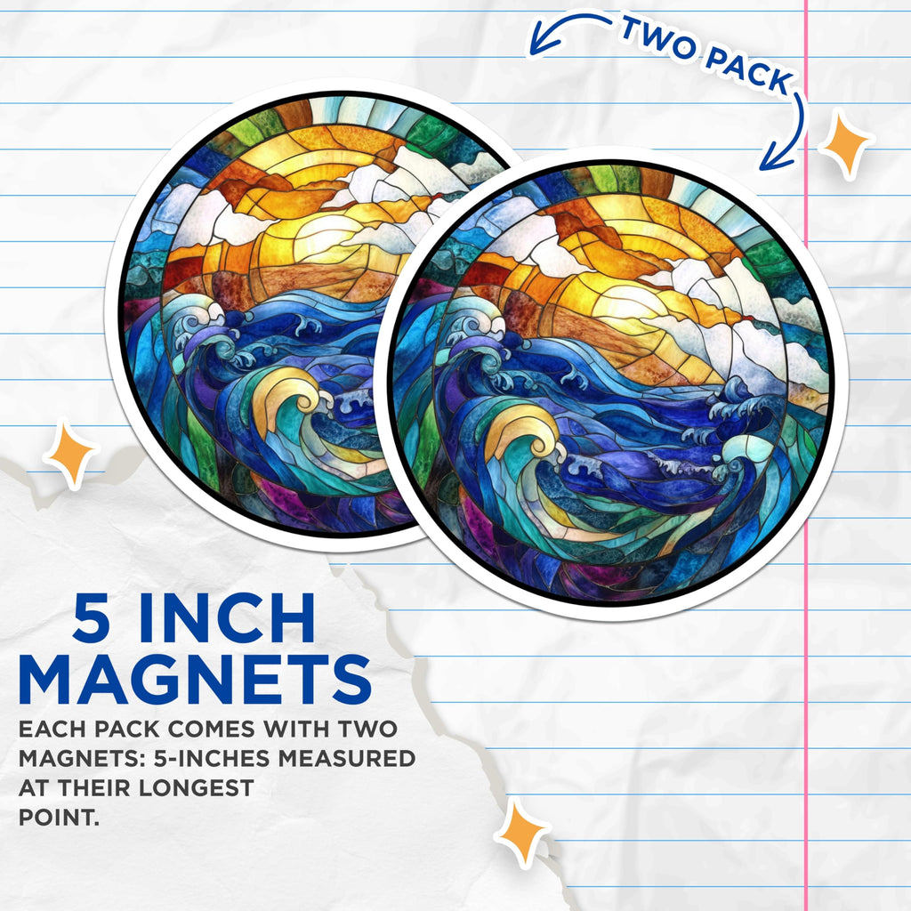 (2 Pack) Stained Glass Ocean Magnets - Sunset Wave Refrigerator Decor - Artistic Nature Home Accents - 5 Inches On Longest Side - Thick Durable Magnet - Made in USA - MAG29148