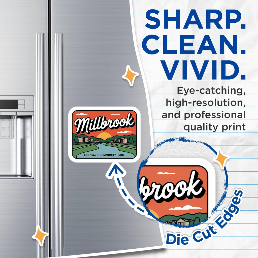 (2 Pack) Millbrook Magnets - Est 1962 Community Pride - Retro Village Life Art - Scenic River Town Decor - 5 Inches On Longest Side - Thick Durable Magnet - Made in USA - MAG19469