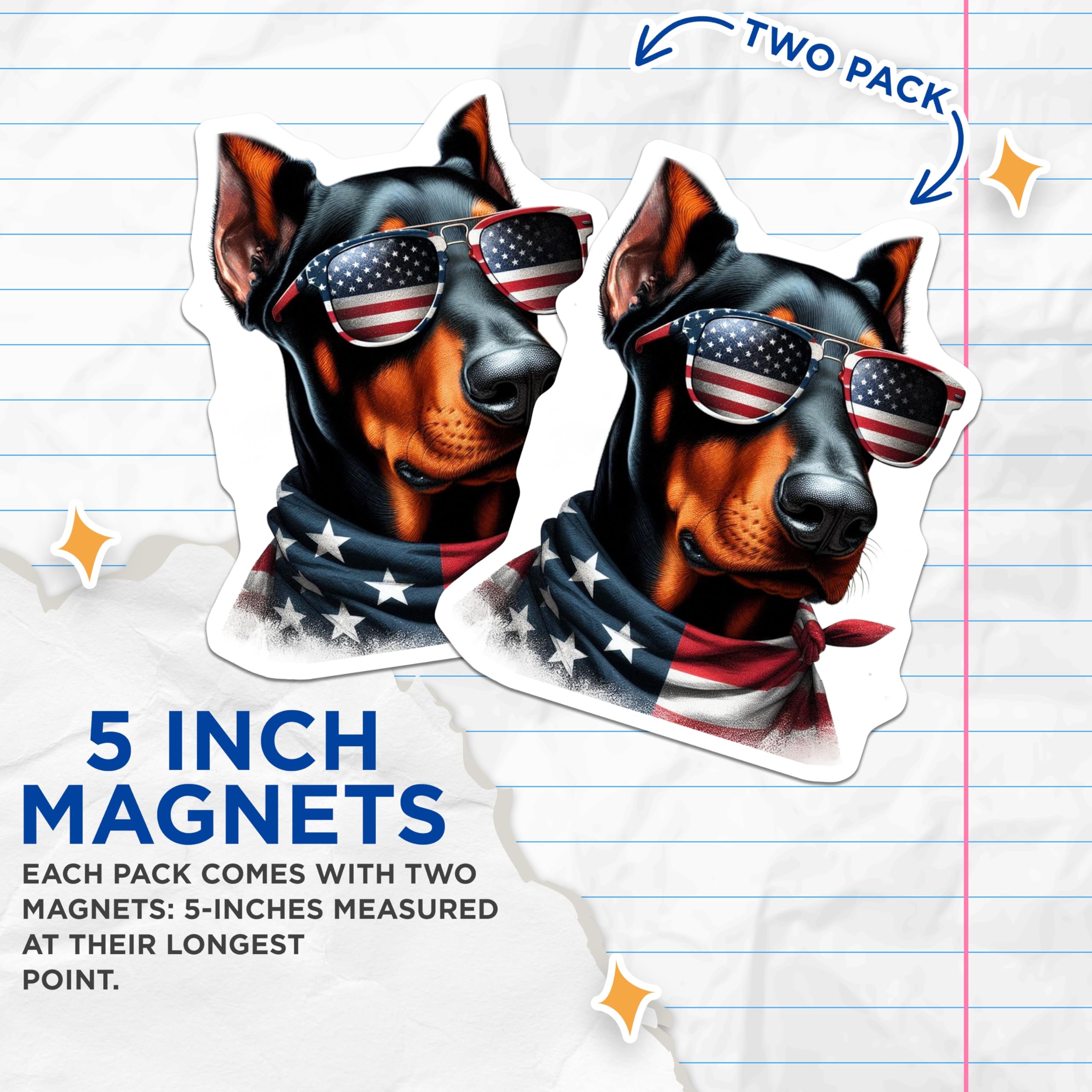 (2 Pack) Doberman Magnets - Patriotic Dog - USA American Flag Decor - 5" On Longest Side - Premium Magnet - for Cars, Refrigerators, Toolboxes, Lockers - Made in USA - MAG14350