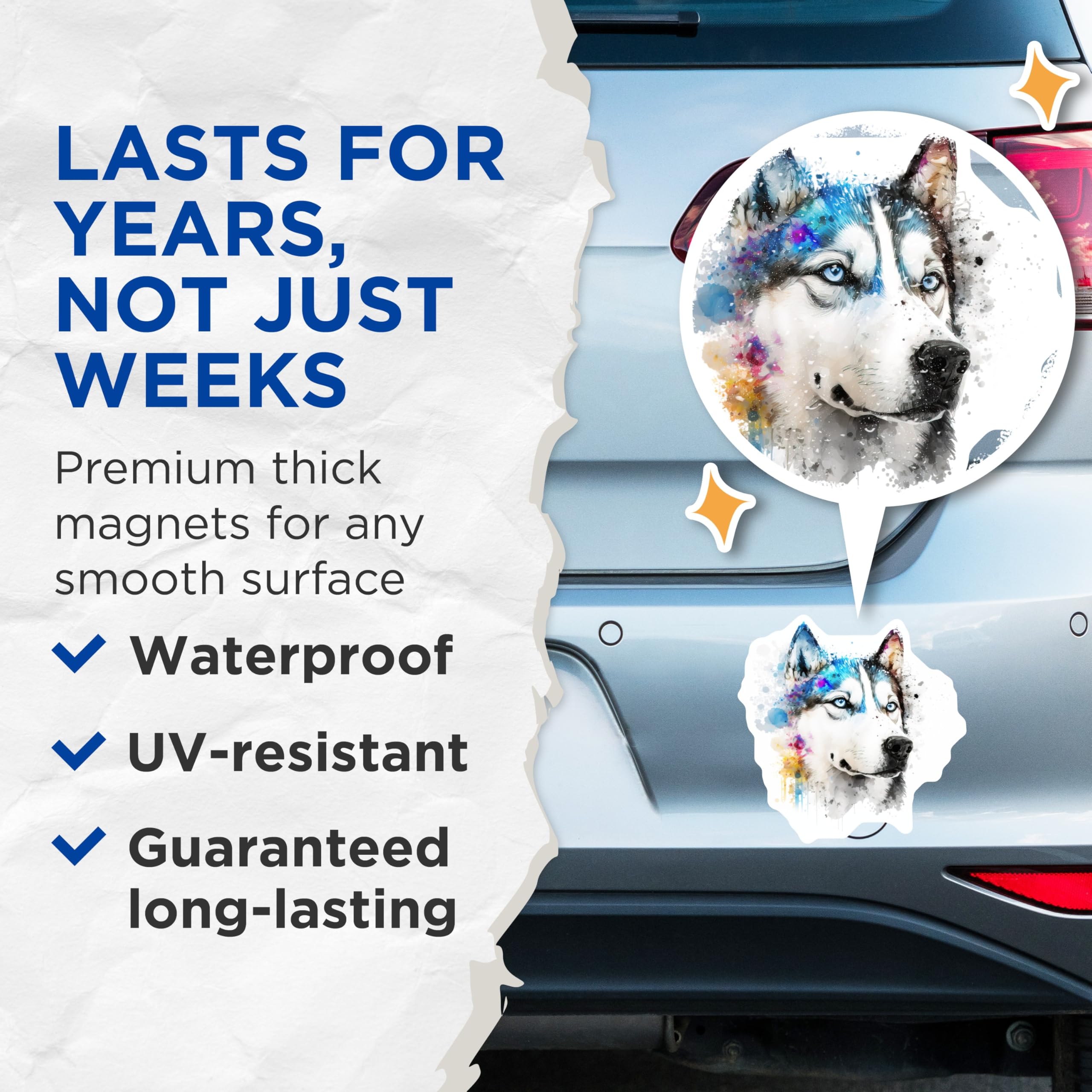 (2 Pack) Husky Dog Magnets - Watercolor Dog Art - Blue Eyed Pet Refrigerator Accent - 5 Inches On Longest Side - Thick Durable Magnet - Made in USA - MAG25033