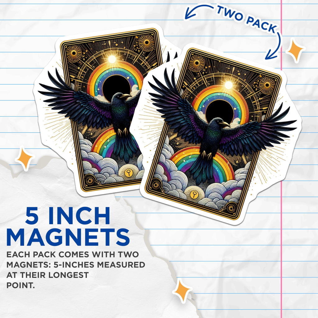 (2 Pack) Rainbow Raven Magnets - Celestial Bird Decor - Mystical Tarot Art - 5 Inches On Longest Side - Thick Durable Magnet - Made in USA - MAG23154