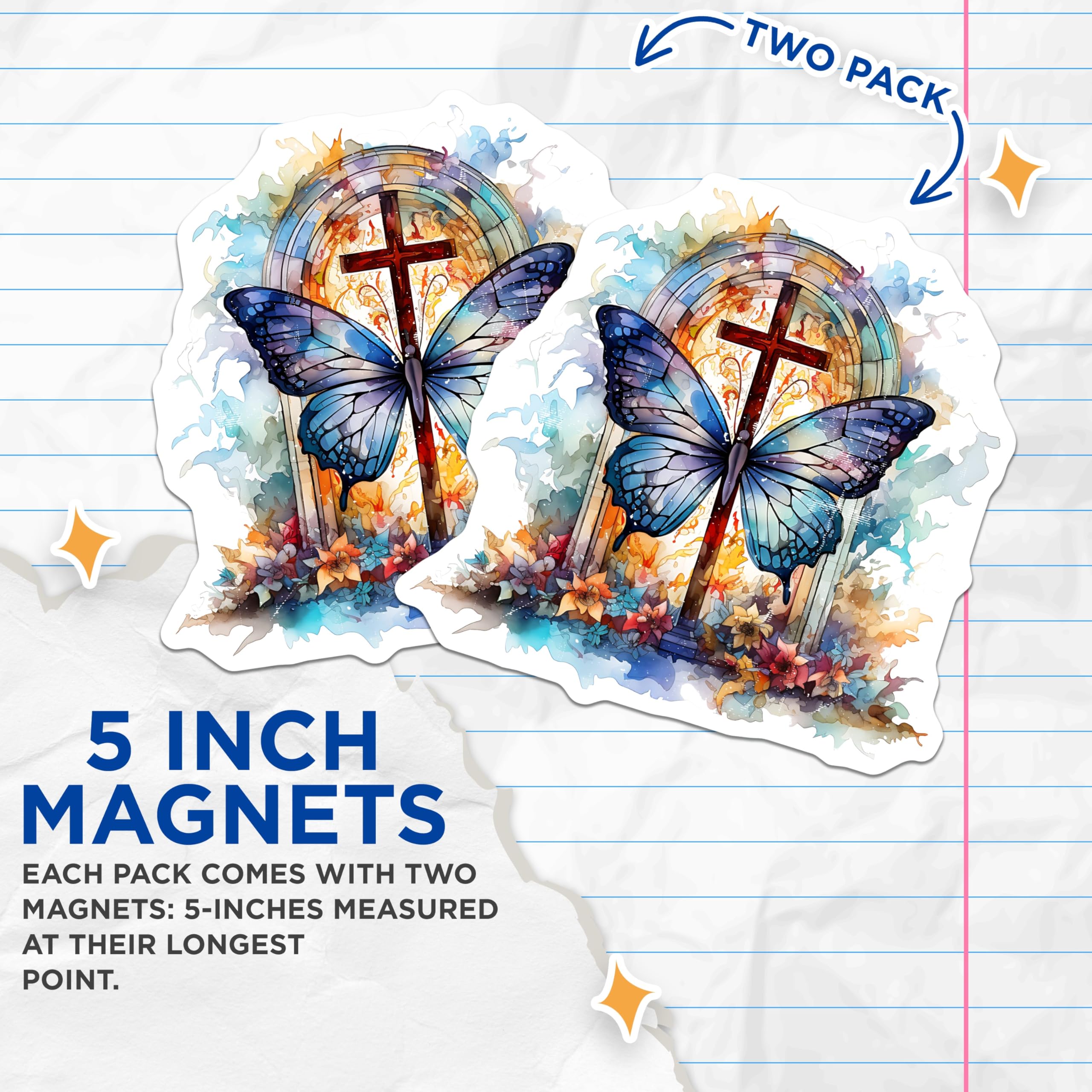 (2 Pack) Watercolor Butterfly Cross Magnets - Christian Faith Decor - Religious Home Accent - 5 Inches On Longest Side - Thick Durable Magnet - Made in USA - MAG25674