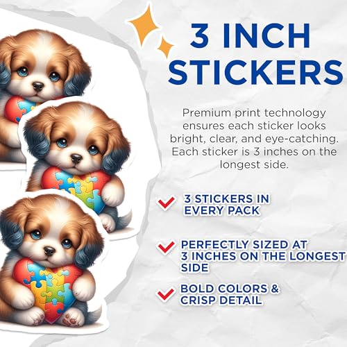 (3 Pack) Puppy Autism Decals - Heart Puzzle Decal - Laptop Decal - 3 Inches On Longest Side - Easy Peel & Apply - Made in USA - 3MCS8238