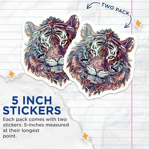 (2 Pack) Mandala Tiger Stickers - Artistic Animal Stickers - Wild Cat Decal - 5" On Longest Side - Sticks to Smooth Flat Surfaces - Made in USA - BMCS4675